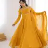 Superb Yellow Fox Blooming Georgette Lace Work Gown