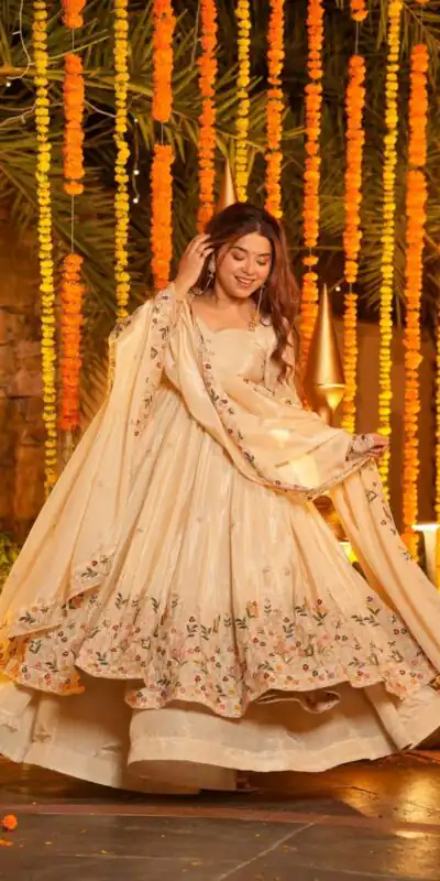 Off White Natural Crap Silk Embroidery Work Anarkali Suit