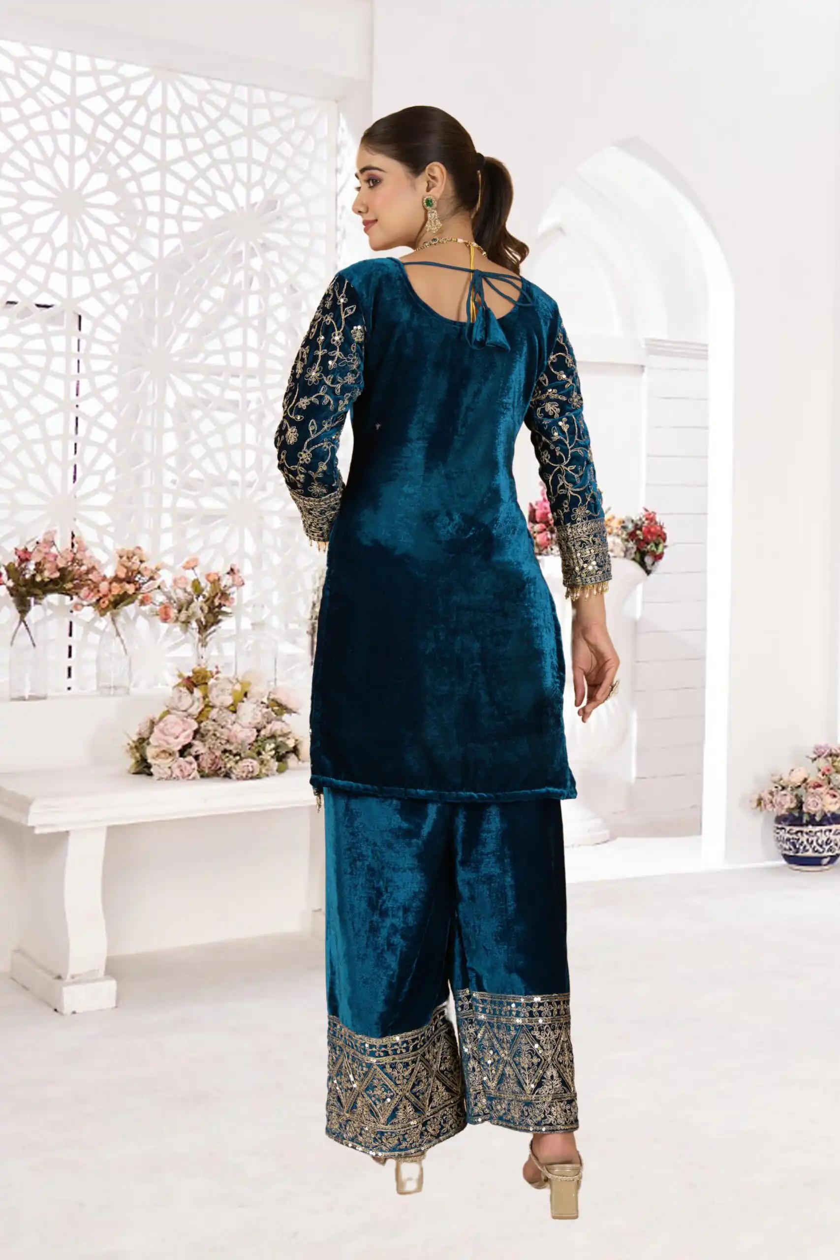Teal Viscose Velvet With Sequence Work Salwar Suit - Image 7