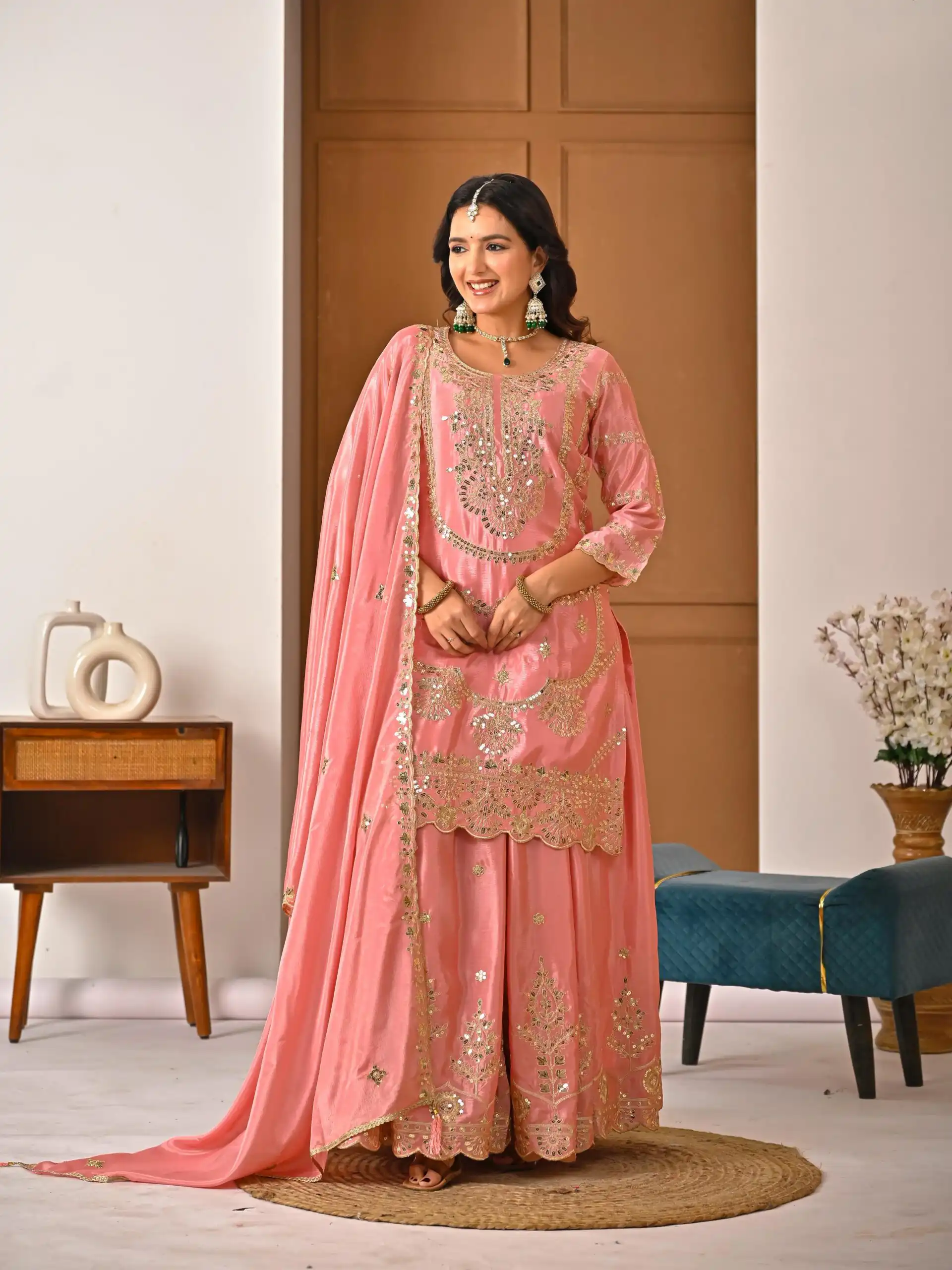 Peach Chinon Silk Embroider Lace Work Salwar Suit - Image 2