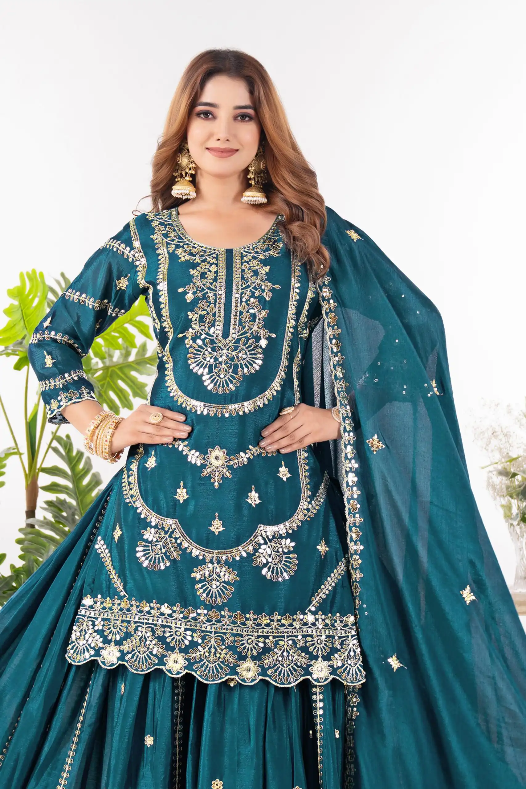 Teal Chinon Silk Embroider Lace Work Salwar Suit - Image 4