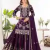 Wine Chinon Silk Embroider Lace Work Salwar Suit