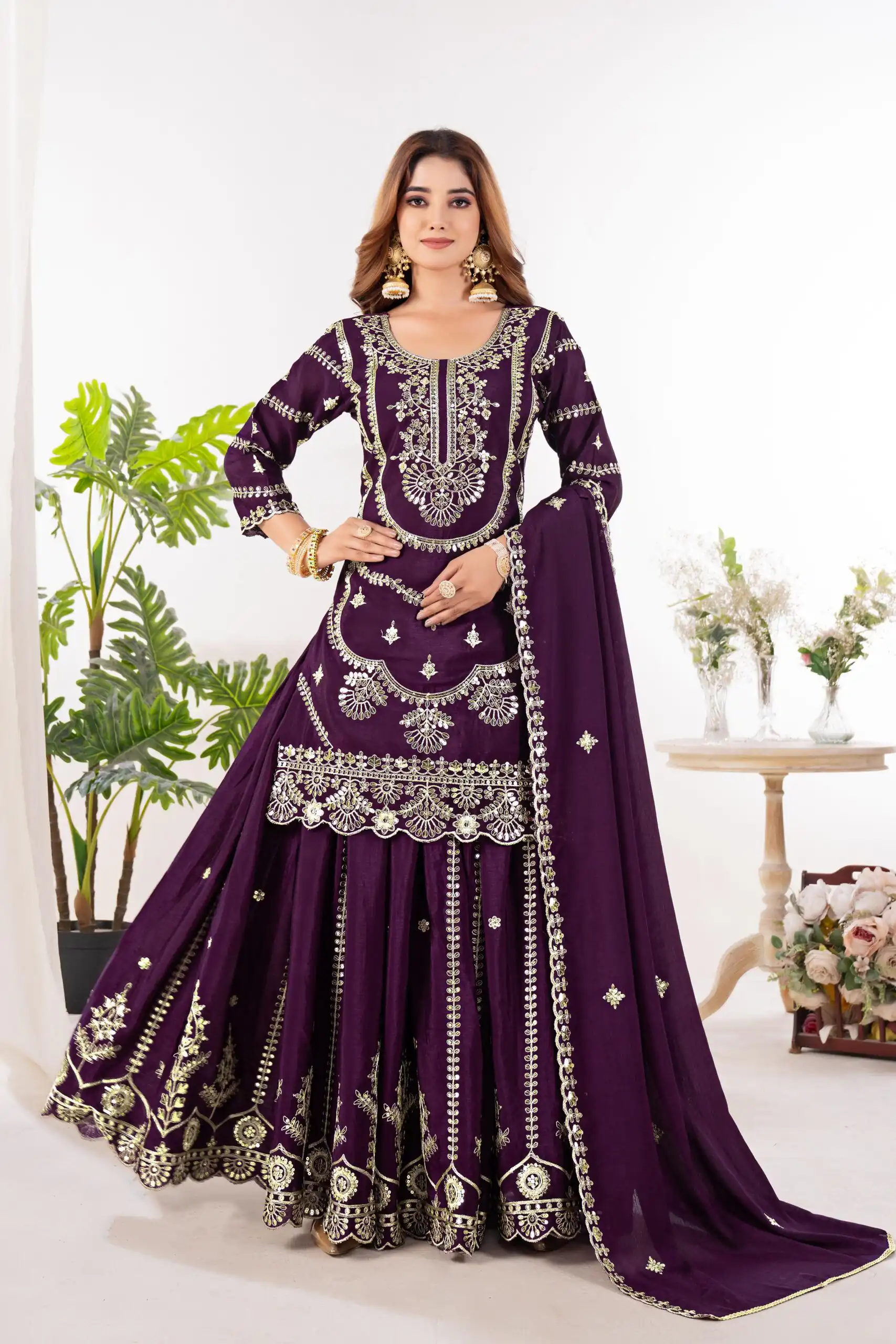 Wine Chinon Silk Embroider Lace Work Salwar Suit