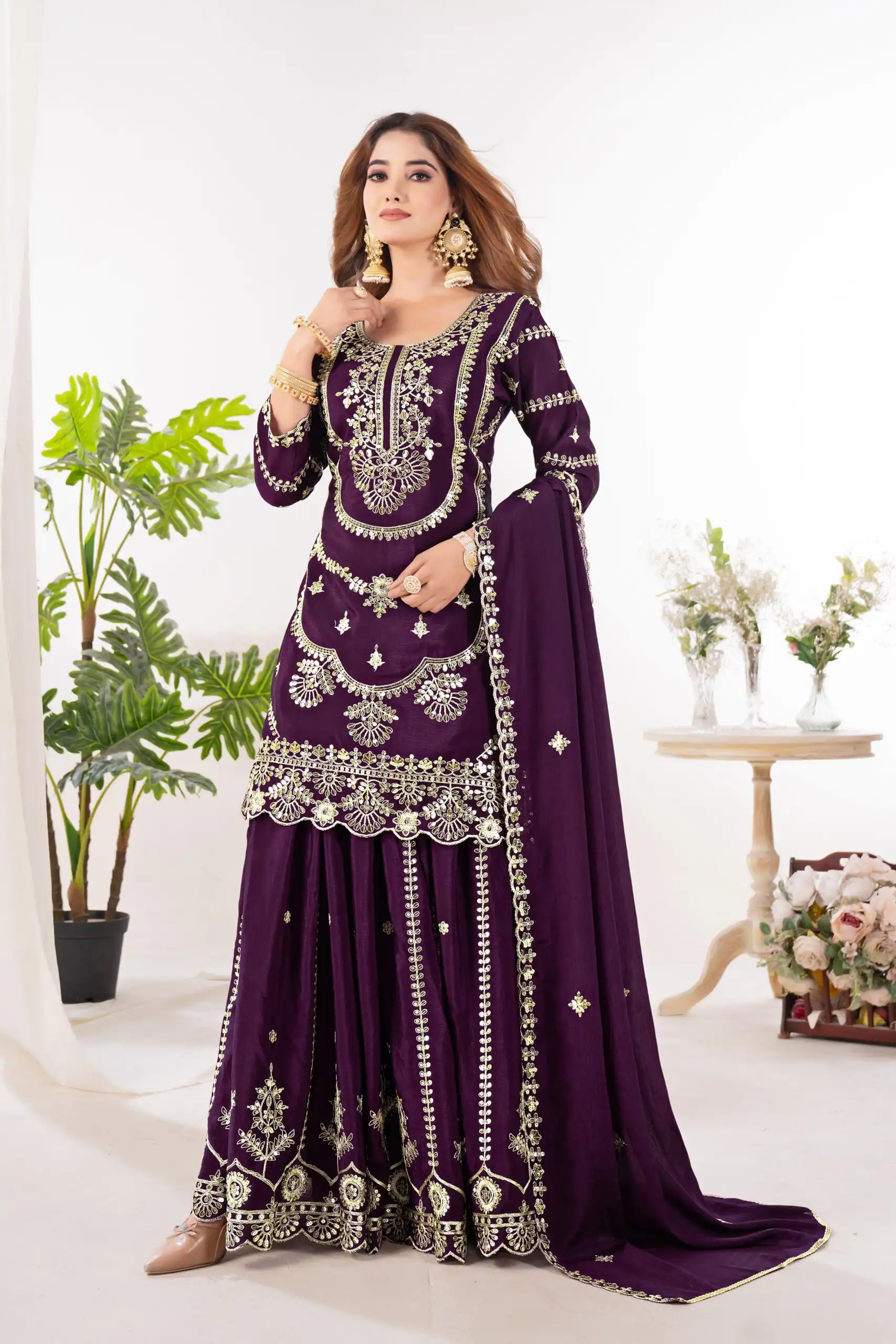 Wine Chinon Silk Embroider Lace Work Salwar Suit - Image 6