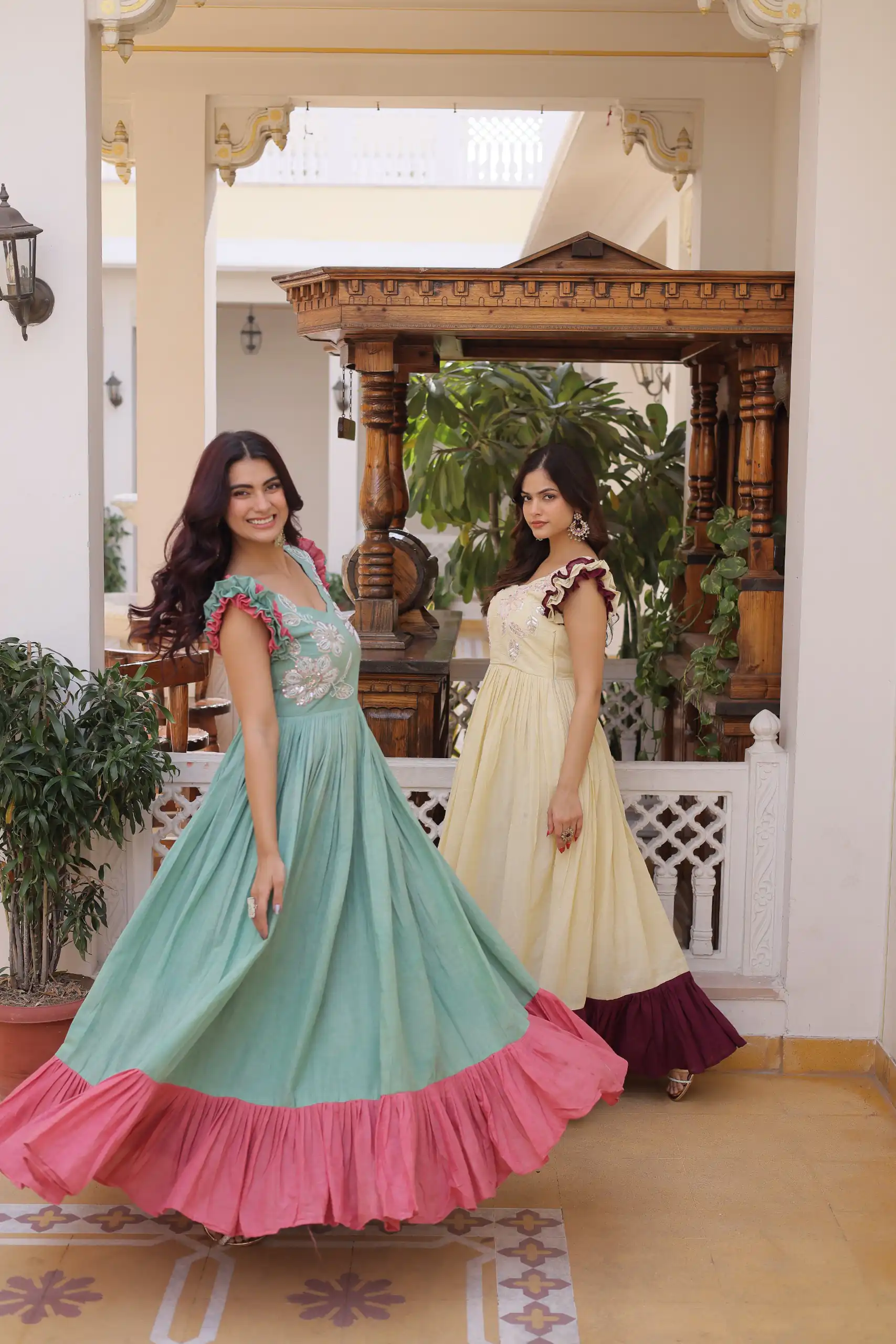 Cream Cotton Sequins Embroidery Work Gown - Image 7