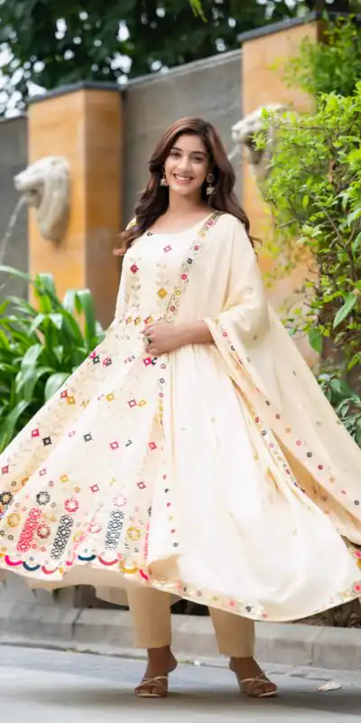 Cream Chinon Silk Cut Work Embroidery Anarkali Suit