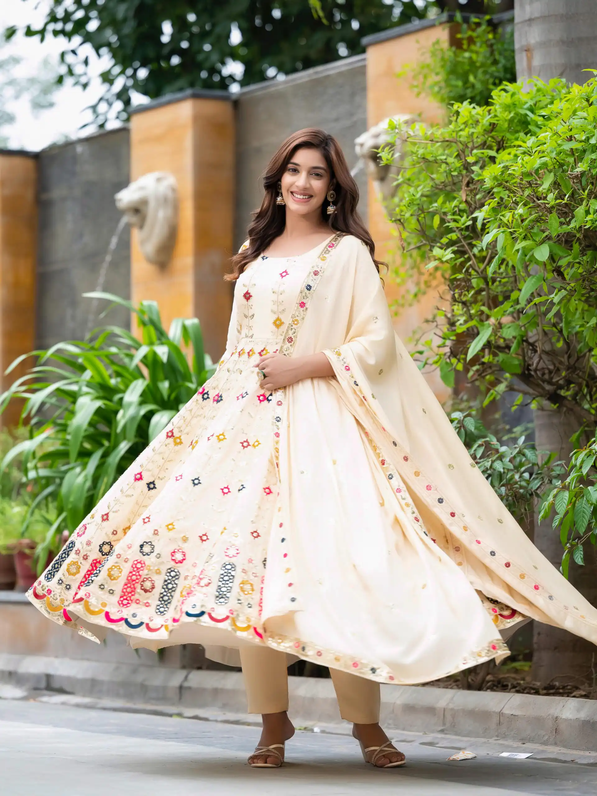 Cream Chinon Silk Cut Work Embroidery Anarkali Suit