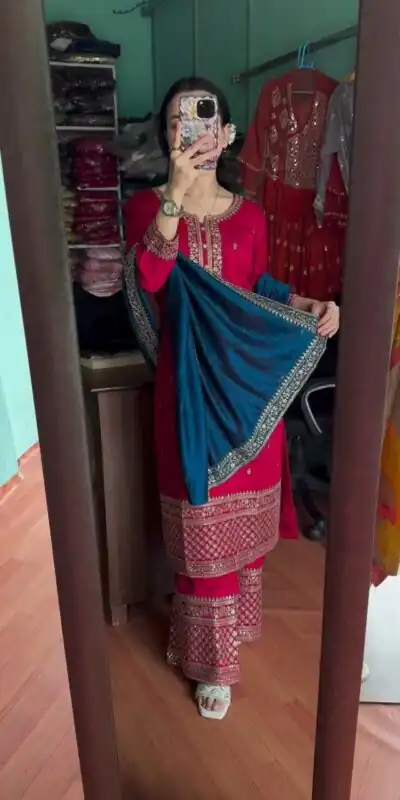 Red Chinon Lace Embroidery Work Salwar Suit