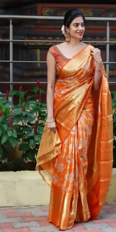 Orange Soft Lichi Silk Rich Pallu Border Saree