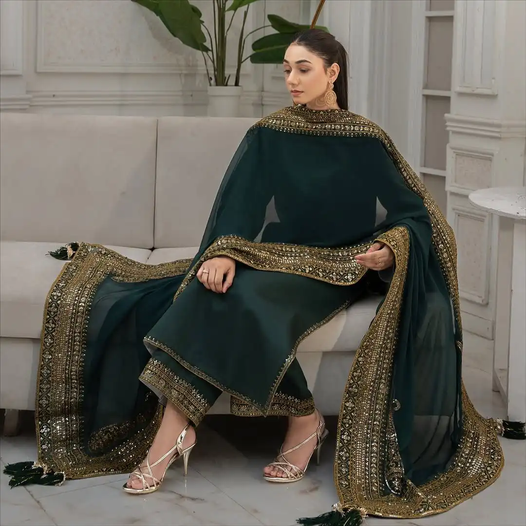 Teal Natural Crep Silk With Embroider Salwar Suit - Image 2