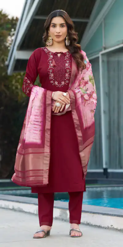 Maroon Viscose Silk Digital Print Embroider Work Salwar Suit