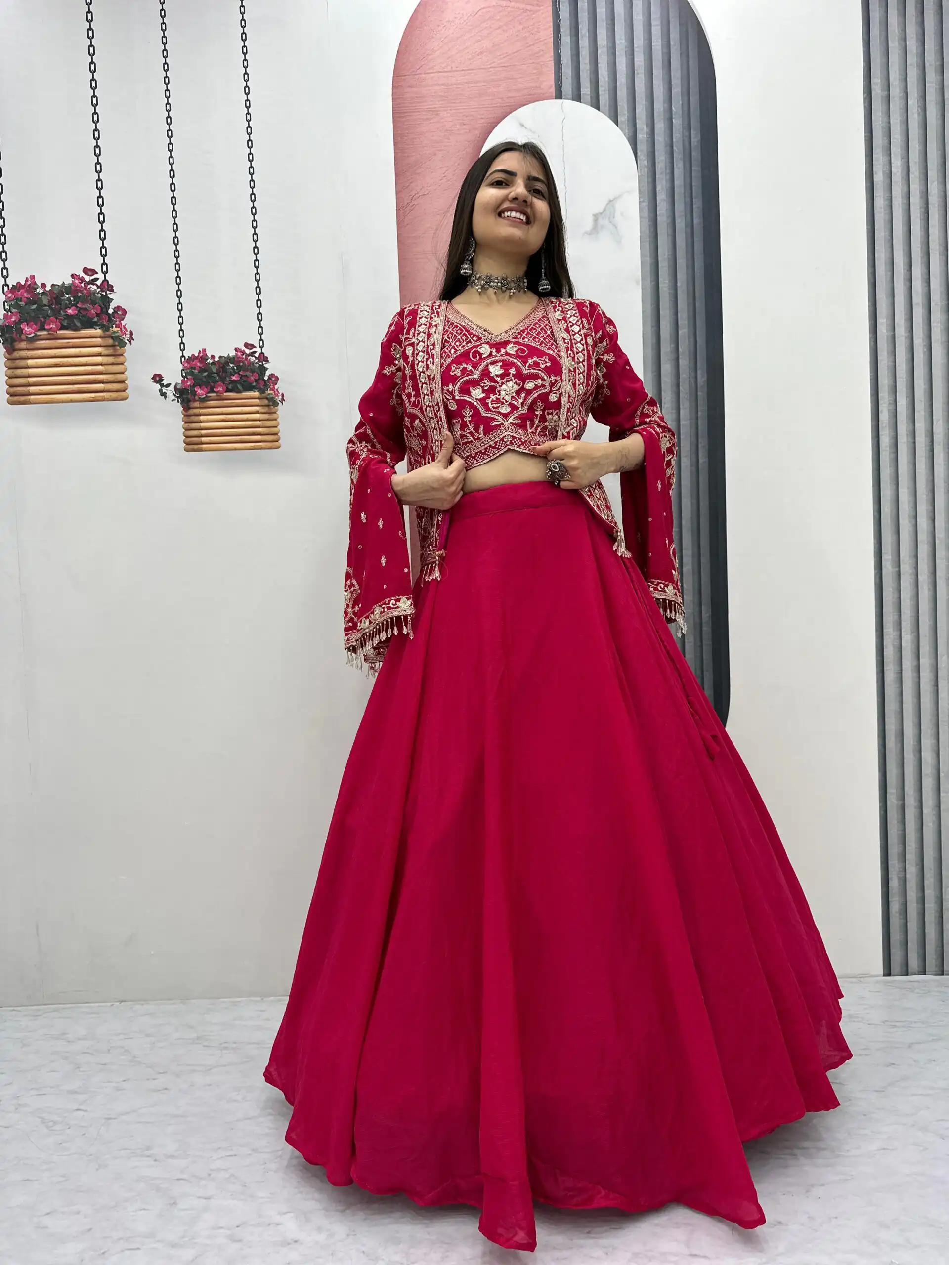 Pink Chinon Silk Thread Work Lehenga Choli - Image 2