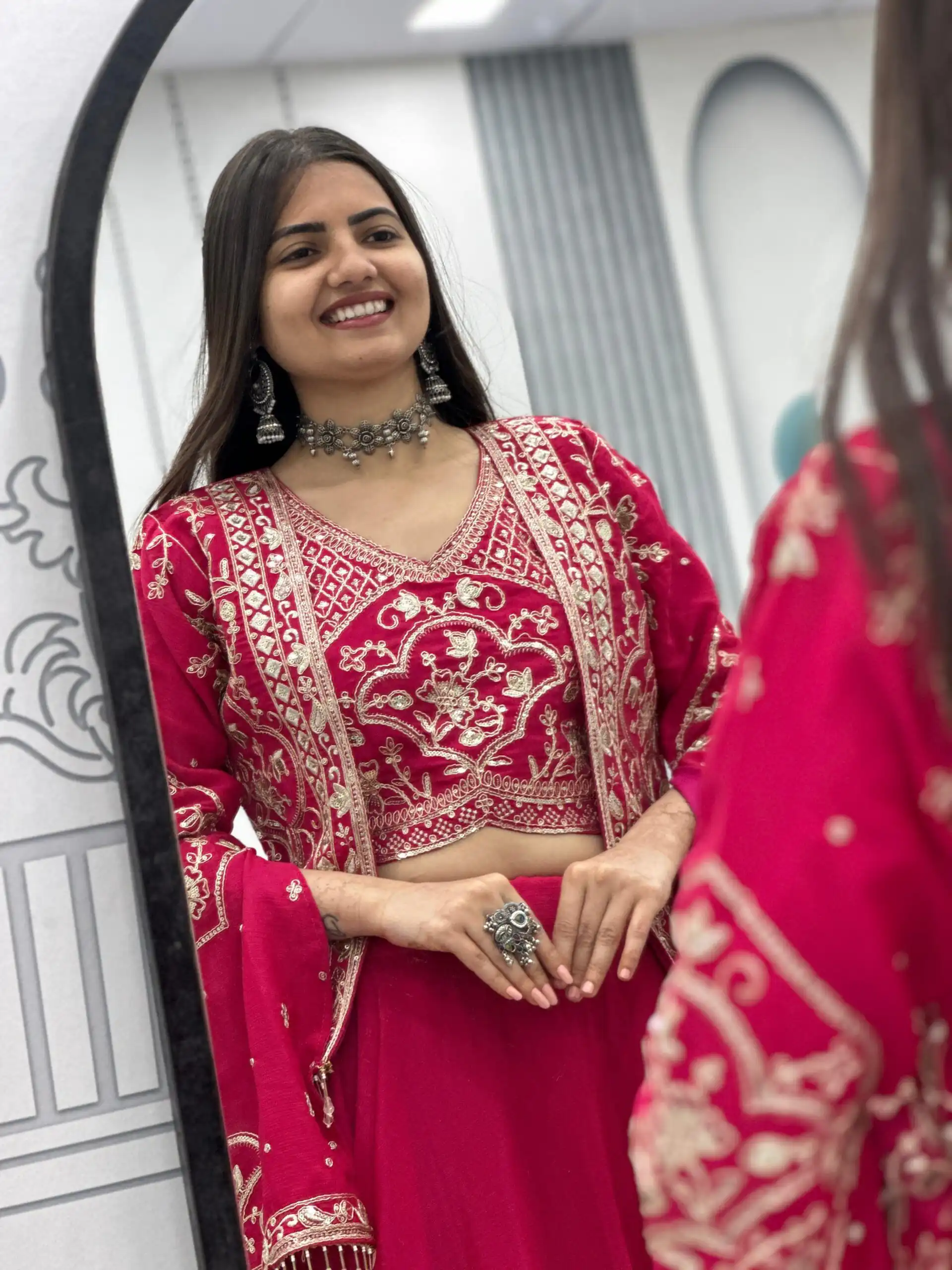 Pink Chinon Silk Thread Work Lehenga Choli - Image 4