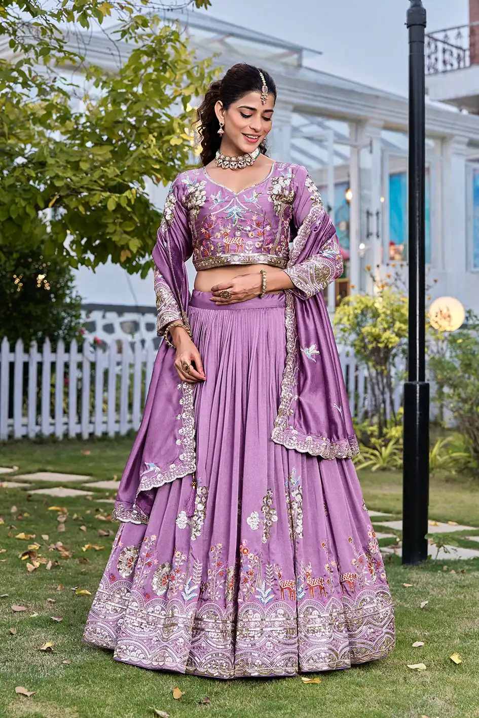 Lavender Vichitra Silk Thread Work Lehenga Choli