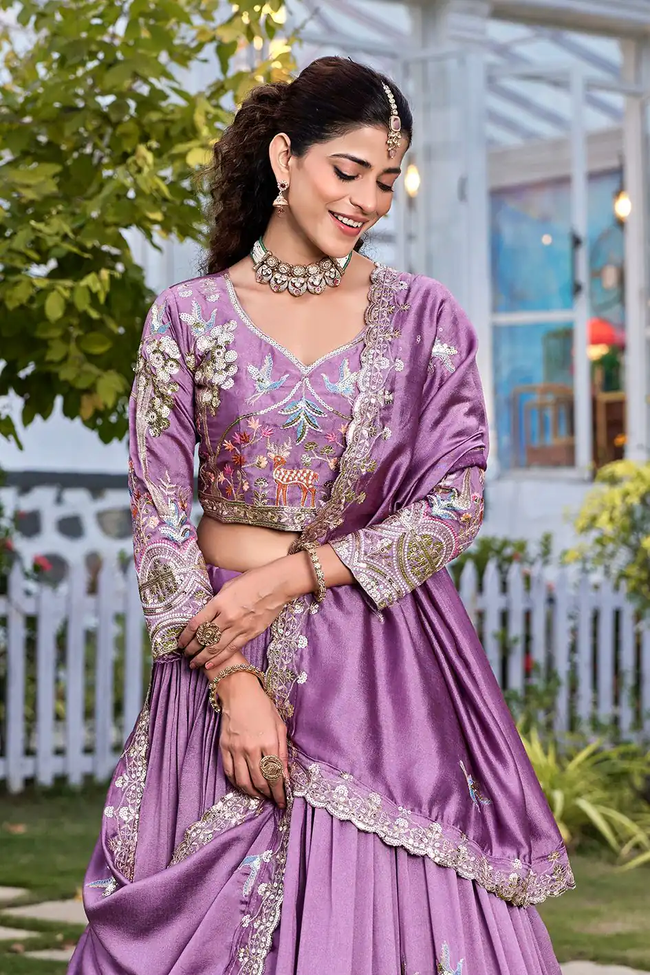 Lavender Vichitra Silk Thread Work Lehenga Choli - Image 3