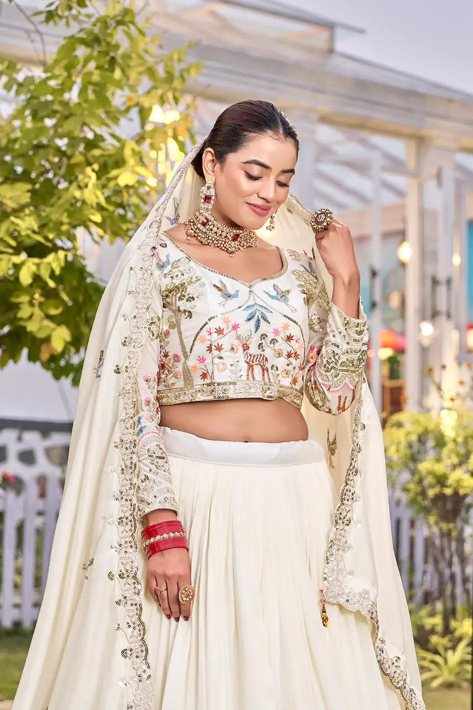 White Vichitra Silk Thread Work Lehenga Choli - Image 2