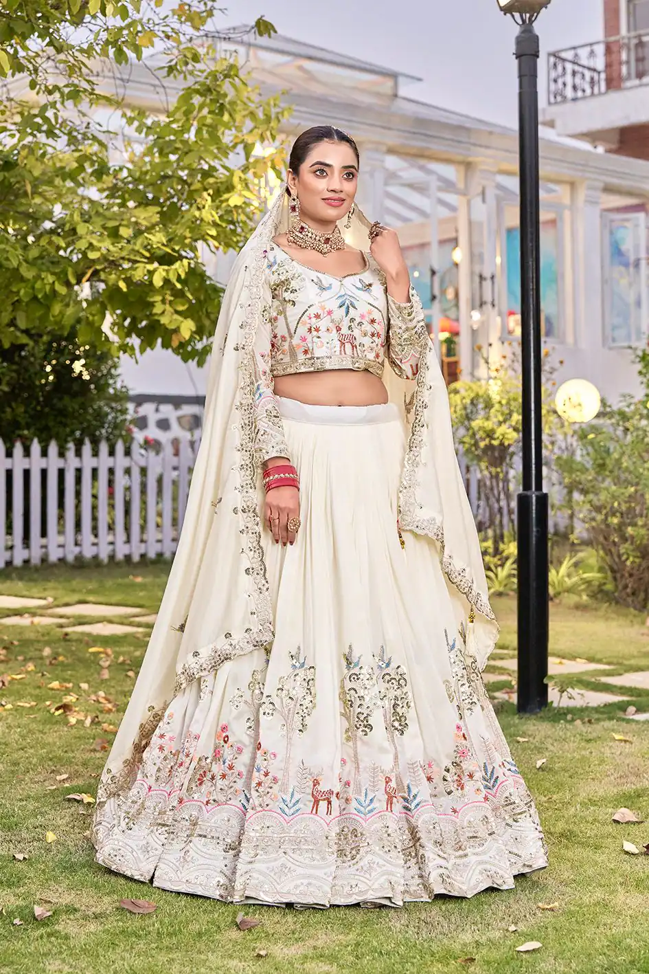White Vichitra Silk Thread Work Lehenga Choli - Image 4