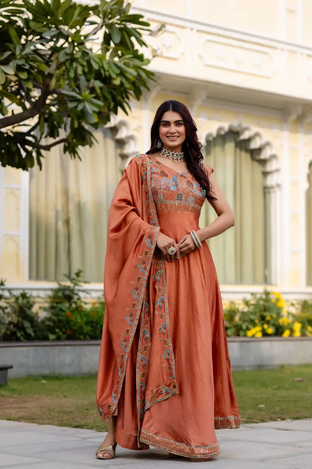 Rust Vichitra Silk Embroider Work Gown - Image 3