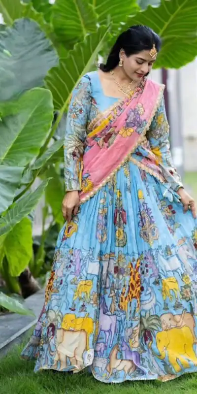 PC 546 Blue in Cotton. Kalamkari Print Lehenga Choli Wedding, Party, Festive, Events, Now at just ₹2099. Delivery 4-6 Working Days. Shop now. | Bollywood Lehenga, Creative Lehenga, Designer Lehenga, Embroidered Lehenga, Lehenga, Party Wear Lehenga