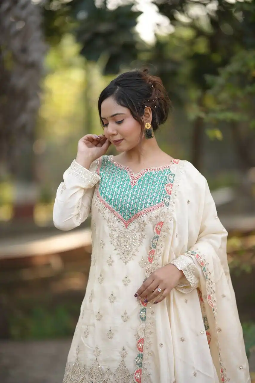 WW G 6000 Off White Viscous Chinon Salwar Suit with Lace Work & Embroidery Work. Exclusive Offer ₹2499. Delivery 4-6 Working Days. Shop now. | Casual Suits, Jump Suits, Creative suits, Designer Suits, Palazzo Suits, Party Wear Suits, Patiala Suits, Salwar suit, Straight Suits
