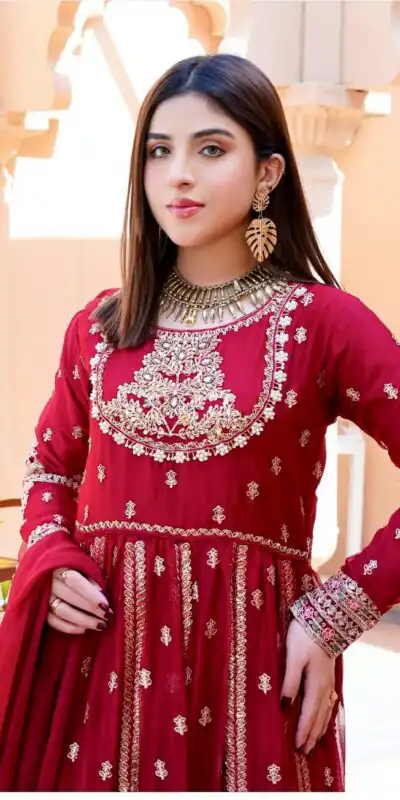 WW 1206 Red Color Fox Blooming Georgette Gown with Lace Work. Affordable Price ₹2399. Delivery 4-6 Working Days. Shop now. | Bollywood Gowns, Creative Gowns, Designer Gowns, Embroidered Gowns, Gowns, Party Wear Gowns