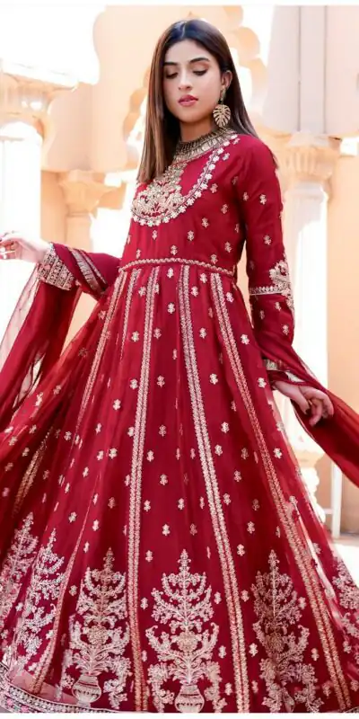 WW 1206 Red Color Fox Blooming Georgette Gown with Lace Work. Affordable Price ₹2399. Delivery 4-6 Working Days. Shop now. | Bollywood Gowns, Creative Gowns, Designer Gowns, Embroidered Gowns, Gowns, Party Wear Gowns