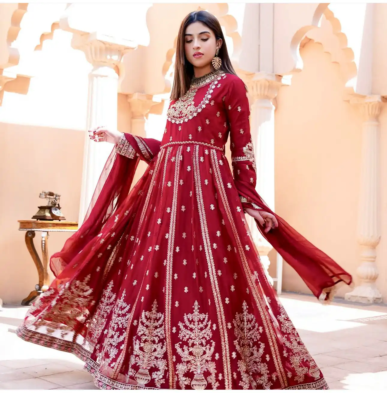 WW 1206 Red Color Fox Blooming Georgette Gown with Lace Work. Affordable Price ₹2399. Delivery 4-6 Working Days. Shop now. | Bollywood Gowns, Creative Gowns, Designer Gowns, Embroidered Gowns, Gowns, Party Wear Gowns