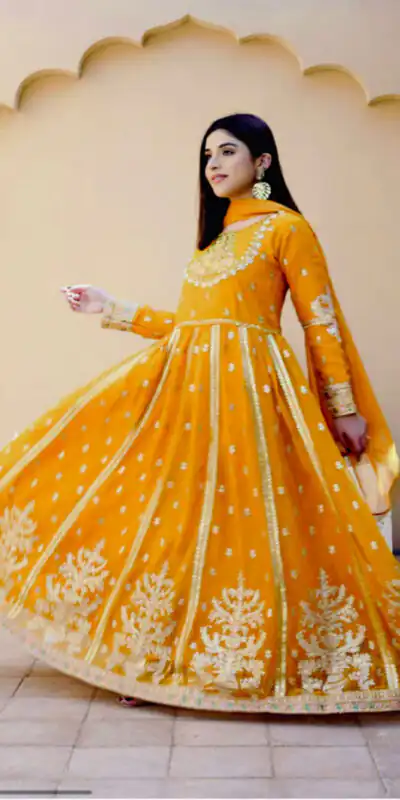 WW 1206 Yellow Color Fox Blooming Georgette Gown with Lace Work. Affordable Price ₹2399. Delivery 4-6 Working Days. Shop now. | Bollywood Gowns, Creative Gowns, Designer Gowns, Embroidered Gowns, Gowns, Party Wear Gowns