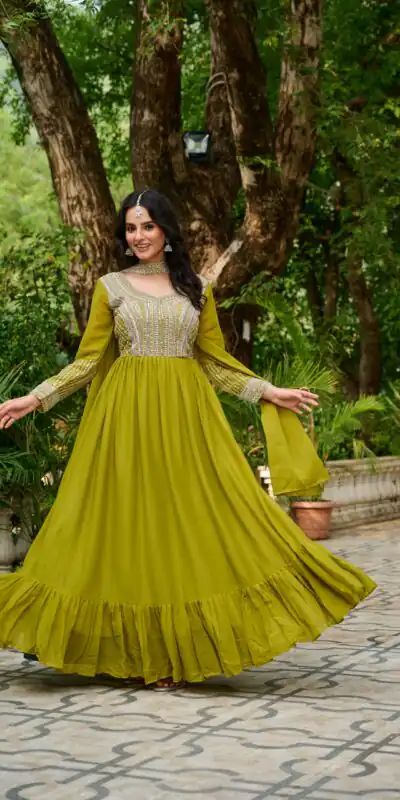 KA 1151 Green Faux Georgette Gown Perfect for Wedding, Party, Makar Sankranti, Karwa Chauth, Ethnic Day – . Now at just ₹2399. Delivery 4-6 Working D | Bollywood Gowns, Creative Gowns, Designer Gowns, Embroidered Gowns, Gowns, Party Wear Gowns