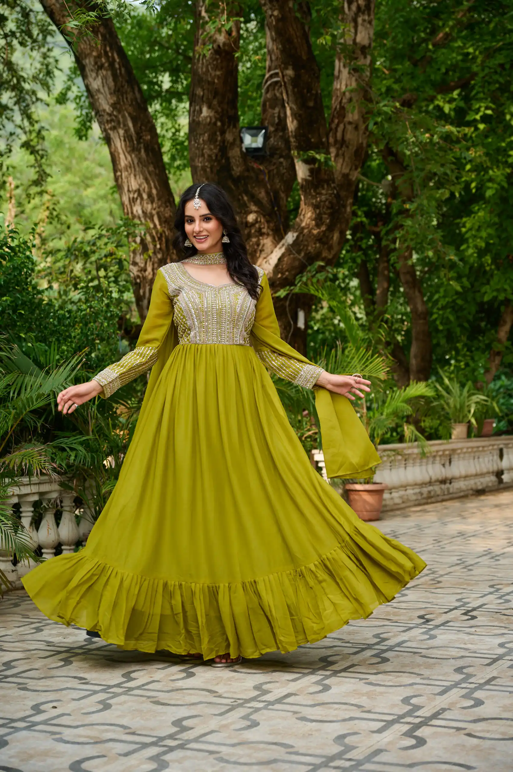 KA 1151 Green Faux Georgette Gown Perfect for Wedding, Party, Makar Sankranti, Karwa Chauth, Ethnic Day – . Now at just ₹2399. Delivery 4-6 Working D | Bollywood Gowns, Creative Gowns, Designer Gowns, Embroidered Gowns, Gowns, Party Wear Gowns