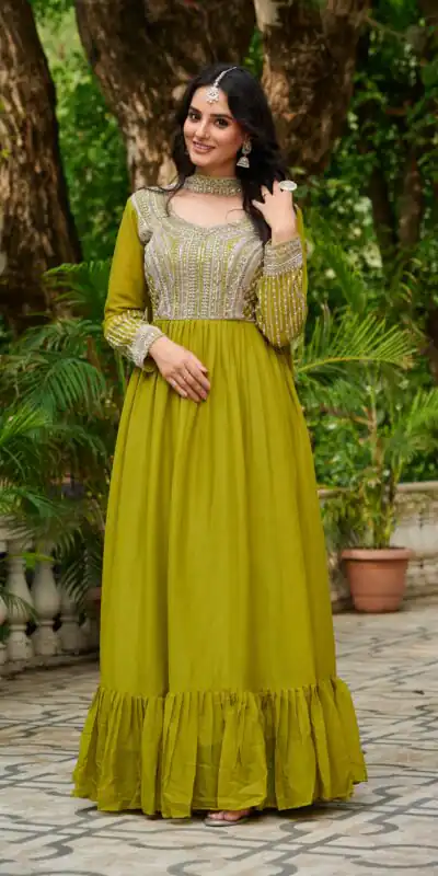 KA 1151 Green Faux Georgette Gown Perfect for Wedding, Party, Makar Sankranti, Karwa Chauth, Ethnic Day – . Now at just ₹2399. Delivery 4-6 Working D | Bollywood Gowns, Creative Gowns, Designer Gowns, Embroidered Gowns, Gowns, Party Wear Gowns