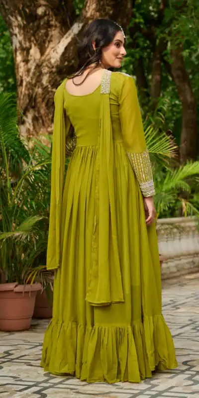 KA 1151 Green Faux Georgette Gown Perfect for Wedding, Party, Makar Sankranti, Karwa Chauth, Ethnic Day – . Now at just ₹2399. Delivery 4-6 Working D | Bollywood Gowns, Creative Gowns, Designer Gowns, Embroidered Gowns, Gowns, Party Wear Gowns