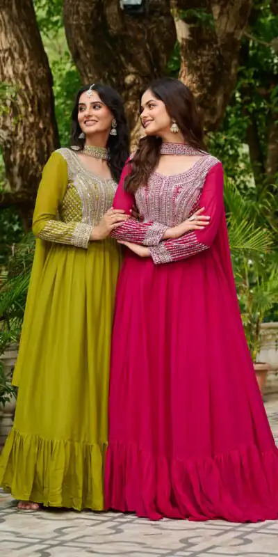 KA 1151 Green Faux Georgette Gown Perfect for Wedding, Party, Makar Sankranti, Karwa Chauth, Ethnic Day – . Now at just ₹2399. Delivery 4-6 Working D | Bollywood Gowns, Creative Gowns, Designer Gowns, Embroidered Gowns, Gowns, Party Wear Gowns