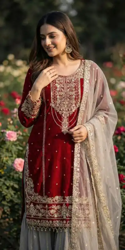 SR 1706 Maroon Faux Georgette Gown Perfect for Wedding, Party, Makar Sankranti, Karwa Chauth, Ethnic Day – . Now at just ₹1949. Delivery 4-6 Working D | Casual Suits, Jump Suits, Creative suits, Designer Suits, Palazzo Suits, Party Wear Suits, Patiala Suits, Salwar suit, Straight Suits