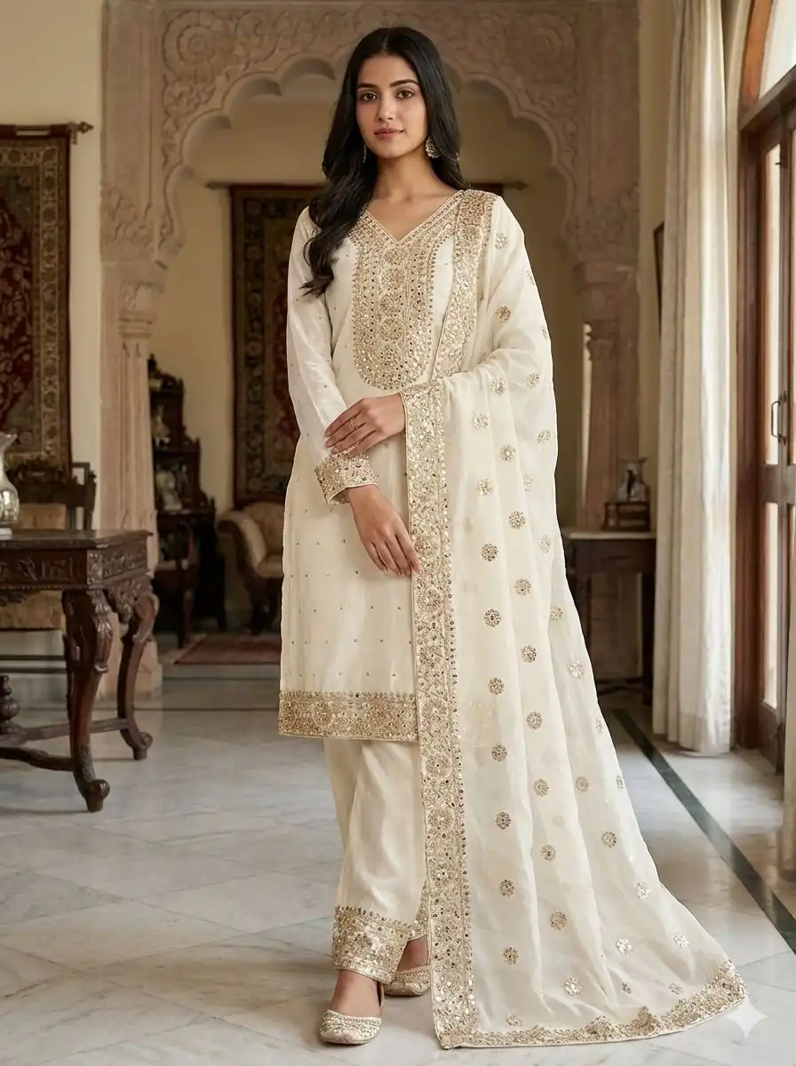 JF 040 Off White Fendy Silk Salwar Suitwith Embroidery Work & Lace Work. Now at just ₹2049. Delivery 4-6 Working Days. Shop now. | Casual Suits, Jump Suits, Creative suits, Designer Suits, Palazzo Suits, Party Wear Suits, Patiala Suits, Salwar suit, Straight Suits