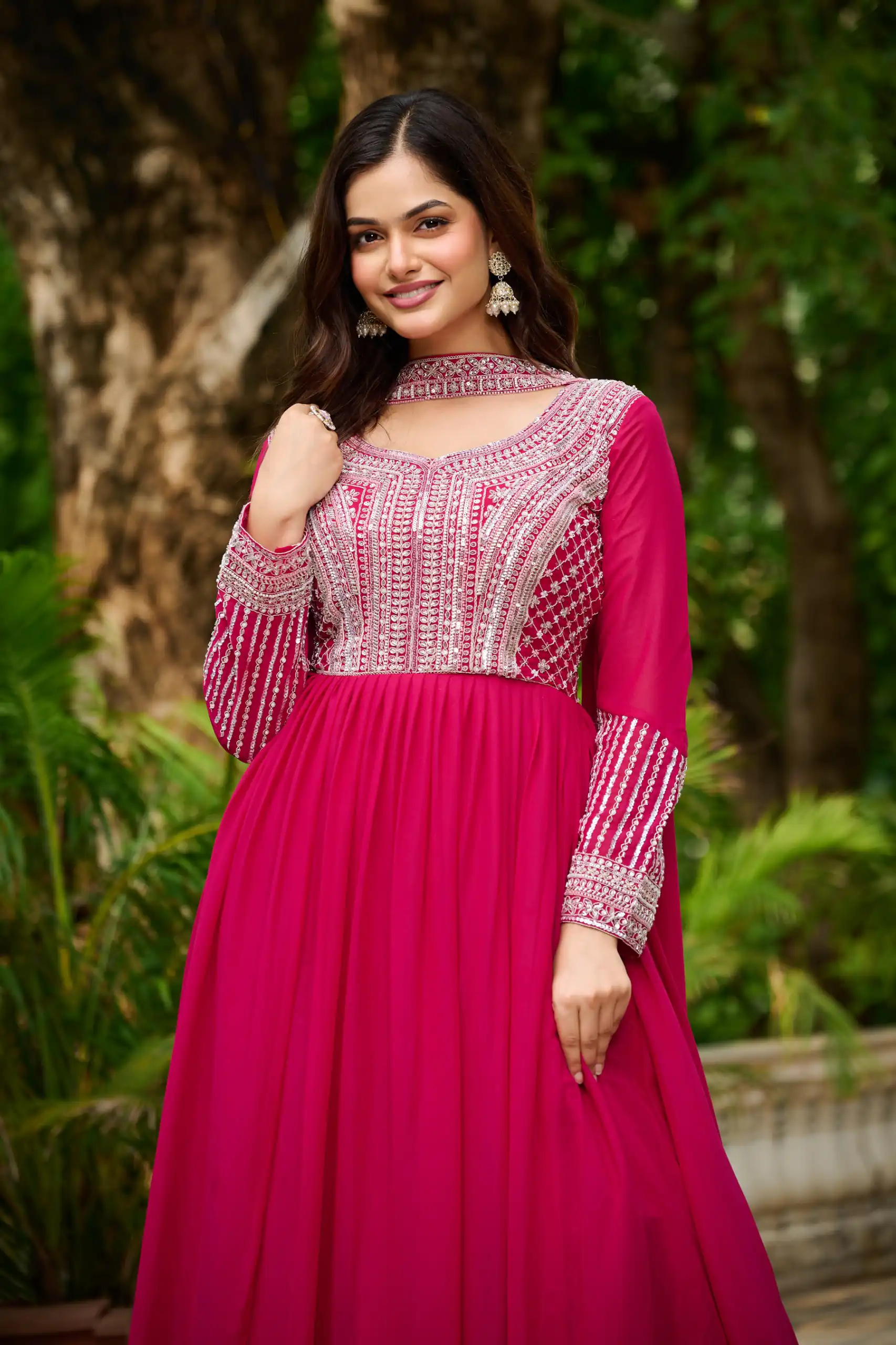 KA 1151 Pink Faux Georgette Gown Perfect for Wedding, Party, Makar Sankranti, Karwa Chauth, Ethnic Day – . Now at just ₹2399. Delivery 4-6 Working D | Bollywood Gowns, Creative Gowns, Designer Gowns, Embroidered Gowns, Gowns, Party Wear Gowns