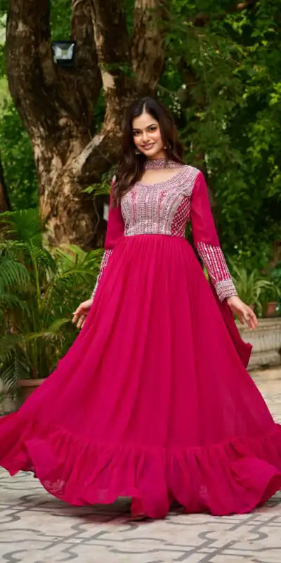 KA 1151 Pink Faux Georgette Gown Perfect for Wedding, Party, Makar Sankranti, Karwa Chauth, Ethnic Day – . Now at just ₹2399. Delivery 4-6 Working D | Bollywood Gowns, Creative Gowns, Designer Gowns, Embroidered Gowns, Gowns, Party Wear Gowns