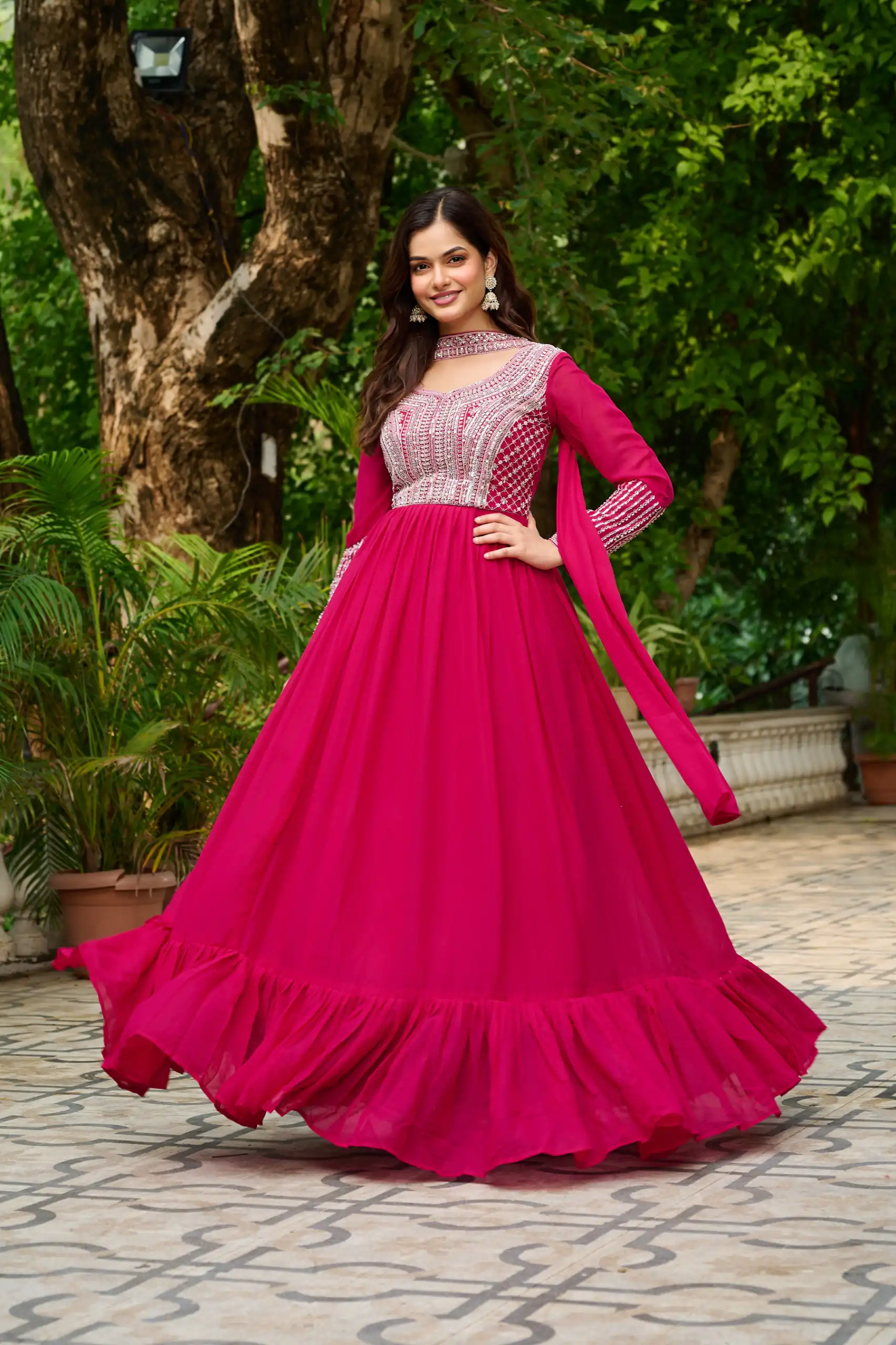 KA 1151 Pink Faux Georgette Gown Perfect for Wedding, Party, Makar Sankranti, Karwa Chauth, Ethnic Day – . Now at just ₹2399. Delivery 4-6 Working D | Bollywood Gowns, Creative Gowns, Designer Gowns, Embroidered Gowns, Gowns, Party Wear Gowns