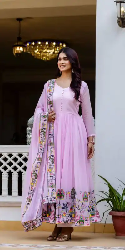 RR 41 Pink Faux Georgette Gown Perfect for Wedding, Party, Makar Sankranti, Karwa Chauth, Ethnic Day – . Now at just ₹2599. Delivery 4-6 Working D | Bollywood Gowns, Creative Gowns, Designer Gowns, Embroidered Gowns, Gowns, Party Wear Gowns