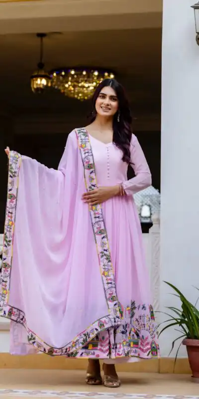 RR 41 Pink Faux Georgette Gown Perfect for Wedding, Party, Makar Sankranti, Karwa Chauth, Ethnic Day – . Now at just ₹2599. Delivery 4-6 Working D | Bollywood Gowns, Creative Gowns, Designer Gowns, Embroidered Gowns, Gowns, Party Wear Gowns