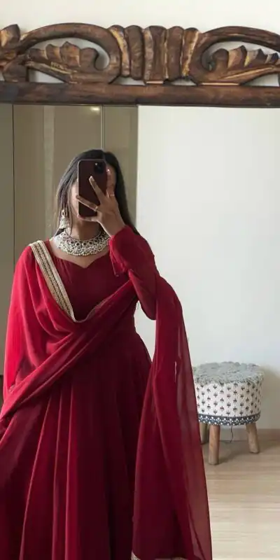 FB L226 Red Faux Georgette Gown Perfect for Wedding, Party, Makar Sankranti, Karwa Chauth, Ethnic Day – . Now at just ₹1799. Delivery 4-6 Working D | Bollywood Gowns, Creative Gowns, Designer Gowns, Embroidered Gowns, Gowns, Party Wear Gowns