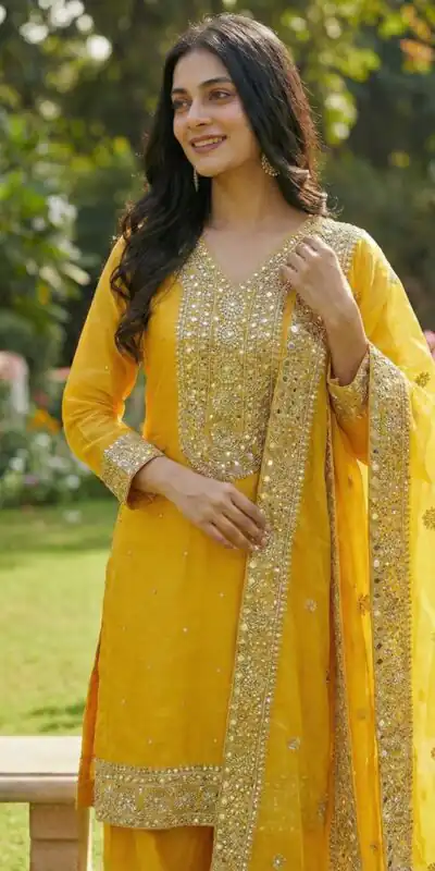 JF 040 Yellow Fendy Silk Salwar Suitwith Embroidery Work & Lace Work. Now at just ₹2049. Delivery 4-6 Working Days. Shop now. | Casual Suits, Jump Suits, Creative suits, Designer Suits, Palazzo Suits, Party Wear Suits, Patiala Suits, Salwar suit, Straight Suits