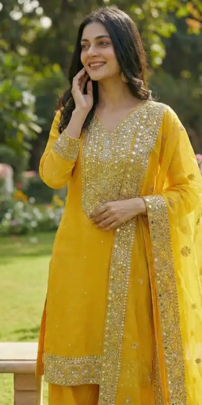 JF 040 Yellow Fendy Silk Salwar Suitwith Embroidery Work & Lace Work. Now at just ₹2049. Delivery 4-6 Working Days. Shop now. | Casual Suits, Jump Suits, Creative suits, Designer Suits, Palazzo Suits, Party Wear Suits, Patiala Suits, Salwar suit, Straight Suits