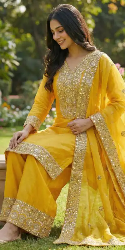 JF 040 Yellow Fendy Silk Salwar Suitwith Embroidery Work & Lace Work. Now at just ₹2049. Delivery 4-6 Working Days. Shop now. | Casual Suits, Jump Suits, Creative suits, Designer Suits, Palazzo Suits, Party Wear Suits, Patiala Suits, Salwar suit, Straight Suits