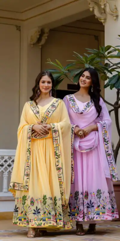 RR 41 Yellow Faux Georgette Gown Perfect for Wedding, Party, Makar Sankranti, Karwa Chauth, Ethnic Day – . Now at just ₹2599. Delivery 4-6 Working D | Bollywood Gowns, Creative Gowns, Designer Gowns, Embroidered Gowns, Gowns, Party Wear Gowns