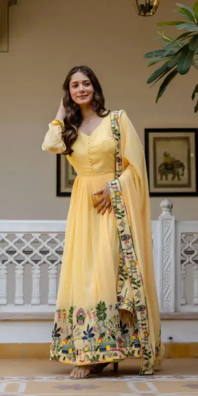RR 41 Yellow Faux Georgette Gown Perfect for Wedding, Party, Makar Sankranti, Karwa Chauth, Ethnic Day – . Now at just ₹2599. Delivery 4-6 Working D | Bollywood Gowns, Creative Gowns, Designer Gowns, Embroidered Gowns, Gowns, Party Wear Gowns