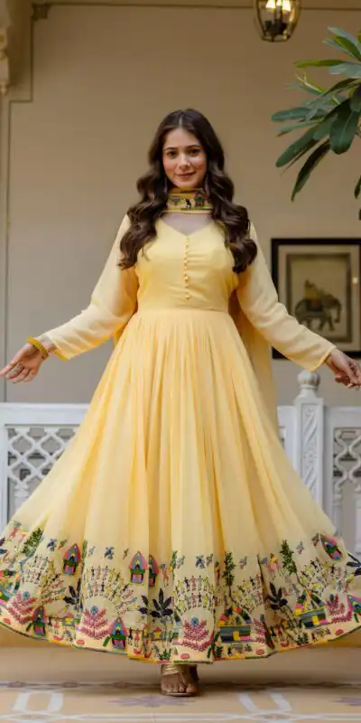 RR 41 Yellow Faux Georgette Gown Perfect for Wedding, Party, Makar Sankranti, Karwa Chauth, Ethnic Day – . Now at just ₹2599. Delivery 4-6 Working D | Bollywood Gowns, Creative Gowns, Designer Gowns, Embroidered Gowns, Gowns, Party Wear Gowns