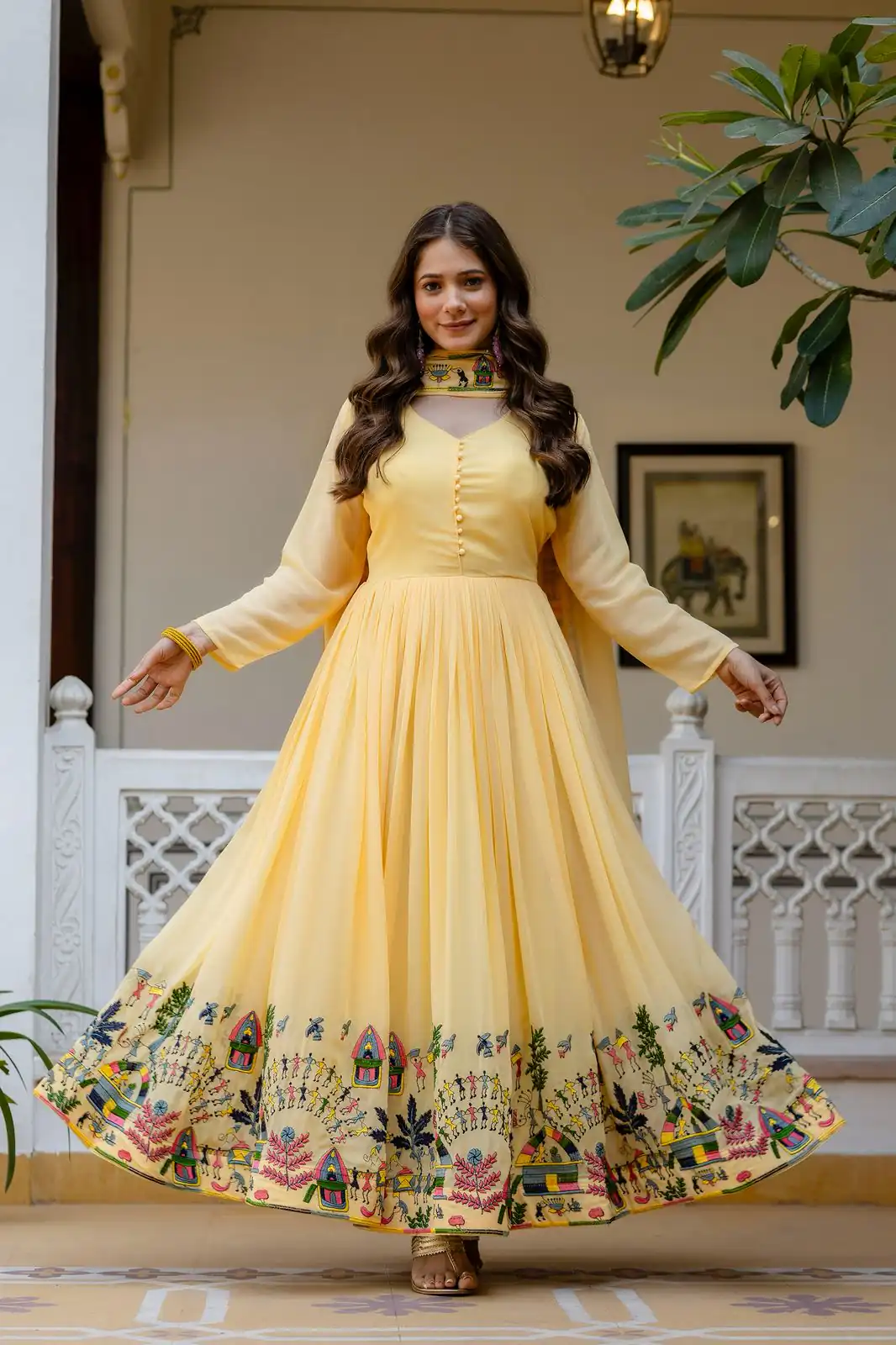 RR 41 Yellow Faux Georgette Gown Perfect for Wedding, Party, Makar Sankranti, Karwa Chauth, Ethnic Day – . Now at just ₹2599. Delivery 4-6 Working D | Bollywood Gowns, Creative Gowns, Designer Gowns, Embroidered Gowns, Gowns, Party Wear Gowns