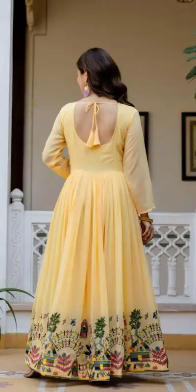 RR 41 Yellow Faux Georgette Gown Perfect for Wedding, Party, Makar Sankranti, Karwa Chauth, Ethnic Day – . Now at just ₹2599. Delivery 4-6 Working D | Bollywood Gowns, Creative Gowns, Designer Gowns, Embroidered Gowns, Gowns, Party Wear Gowns