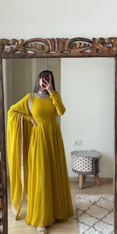 FB L226 Yellow Faux Georgette Gown Perfect for Wedding, Party, Makar Sankranti, Karwa Chauth, Ethnic Day – . Now at just ₹1799. Delivery 4-6 Working D | Bollywood Gowns, Creative Gowns, Designer Gowns, Embroidered Gowns, Gowns, Party Wear Gowns